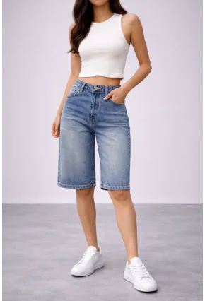 Kadın Yüksek Bel Salaş Jean Bermuda Lacivert
