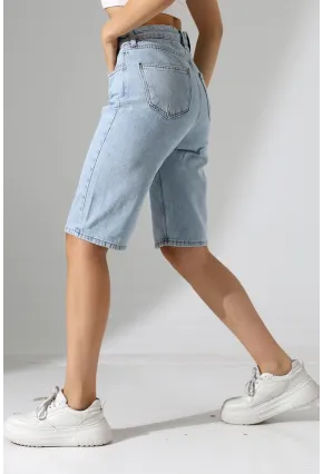 Kadın Yüksek Bel Salaş Jean Bermuda Mavi