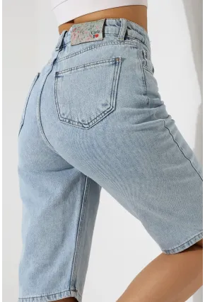 Kadın Yüksek Bel Salaş Jean Bermuda Mavi