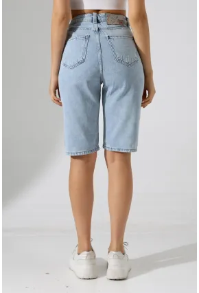 Kadın Yüksek Bel Salaş Jean Bermuda Mavi