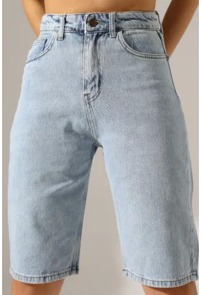 Kadın Yüksek Bel Salaş Jean Bermuda Mavi