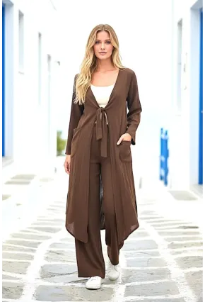 Kahve Bağlamalı Kimono Keten Takım