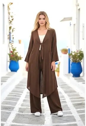 Kahve Bağlamalı Kimono Keten Takım