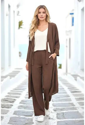 Kahve Bağlamalı Kimono Keten Takım