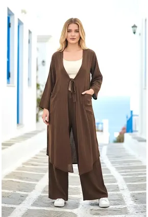 Kahve Bağlamalı Kimono Keten Takım