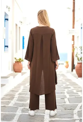 Kahve Bağlamalı Kimono Keten Takım