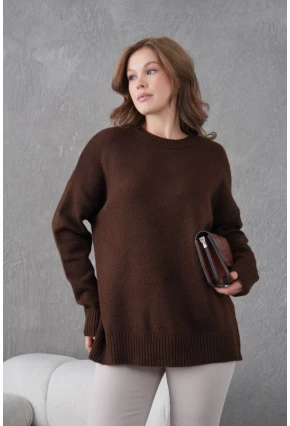 Kahve  Yumuşak Dokulu Uzun Kollu Triko Kazak