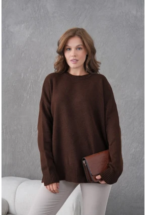 Kahve  Yumuşak Dokulu Uzun Kollu Triko Kazak