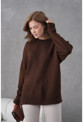 Kahve  Yumuşak Dokulu Uzun Kollu Triko Kazak