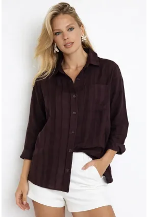 Kahverengi Çizgili Transparan Dokulu Oversize Kadın Gömlek