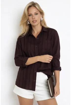 Kahverengi Çizgili Transparan Dokulu Oversize Kadın Gömlek