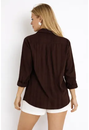 Kahverengi Çizgili Transparan Dokulu Oversize Kadın Gömlek