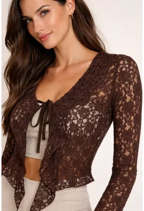 Kahverengi Dantel Bağlama Detaylı Transparan Bluz – Uzun Kollu Şık Kadın Bluz