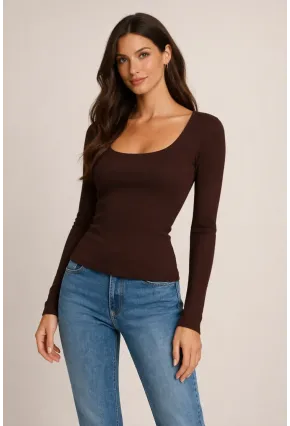 Kahverengi Kare Yaka Uzun Kollu Basic Bluz – Esnek Kumaş Günlük Şık Kadın Bluz