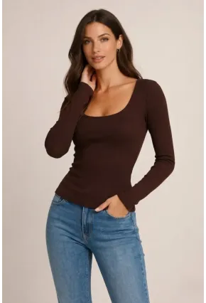 Kahverengi Kare Yaka Uzun Kollu Basic Bluz – Esnek Kumaş Günlük Şık Kadın Bluz