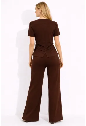 Kahverengi Modal Kumaş Kısa Kollu Pile Detaylı Eşofman Takımı