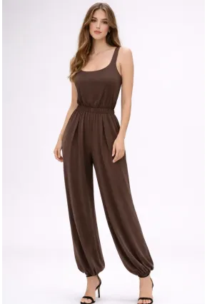 Kahverengi Modal Kumaş Lastik Bel Detaylı Şalvar Form Tulum
