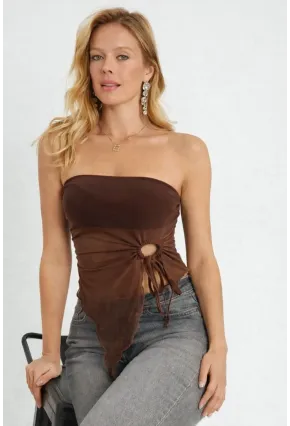 Kahverengi Straplez Tül Detaylı Büzgülü Crop Bluz
