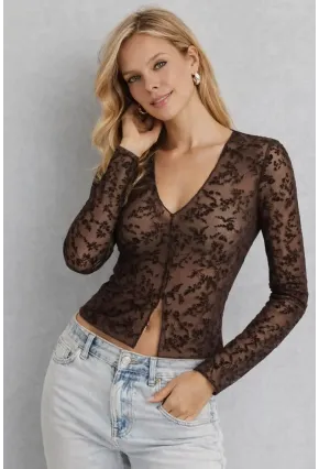 Kahverengi Transparan İşlemeli Tül Bluz – V Yaka, Uzun Kollu Şık Tasarım