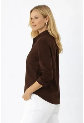 Kahverengi V Yaka Düğmeli Kadın Gömlek – Rahat Kesim, Günlük & Şık Stil