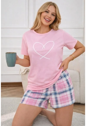 Kalp Baskılı Ekose Şortlu Kadın Pijama Takımı Pembe