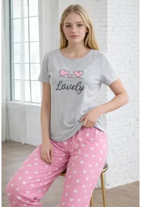 Kalp Desenli “Lovely” Baskılı Pamuklu Kadın Pijama Takımı