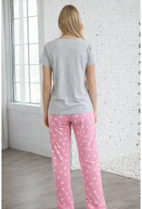 Kalp Desenli “Lovely” Baskılı Pamuklu Kadın Pijama Takımı