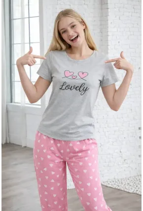 Kalp Desenli “Lovely” Baskılı Pamuklu Kadın Pijama Takımı