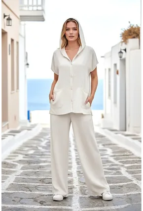 Kapüşonlu Gömlek Pantalon Keten Takım