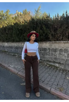 Kaşkorse Kumaş Kuş gözlü Kahverengi Eşofman Pantolon