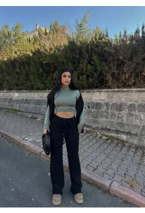 Kaşkorse Kumaş Kuş gözlü Siyah Eşofman Pantolon