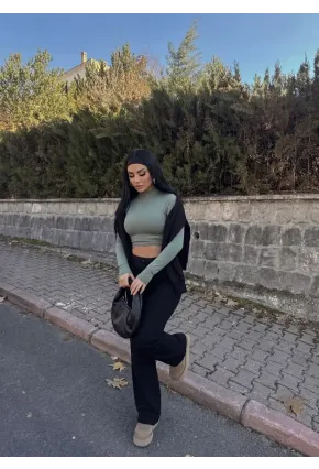 Kaşkorse Kumaş Kuş gözlü Siyah Eşofman Pantolon