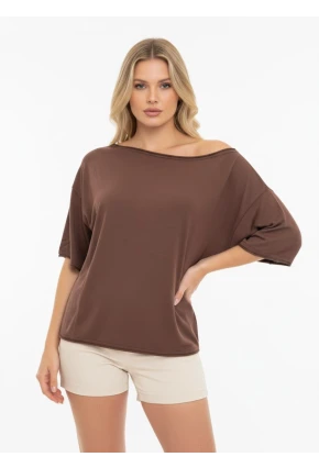 Kayık Yaka Oversize Kahve Bluz