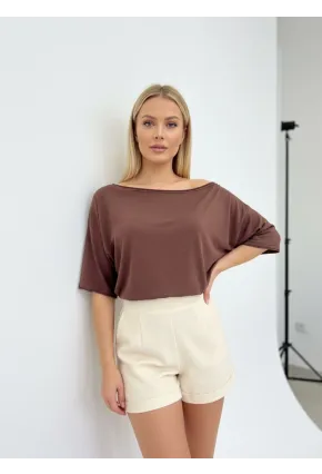 Kayık Yaka Oversize Kahve Bluz