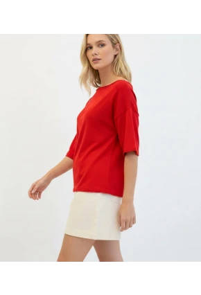 Kayık Yaka Oversize Kırmızı Bluz