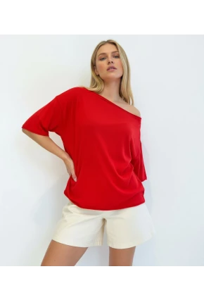 Kayık Yaka Oversize Kırmızı Bluz