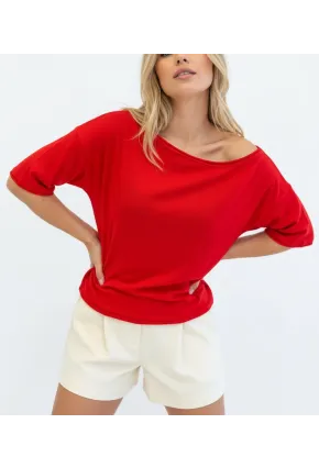 Kayık Yaka Oversize Kırmızı Bluz