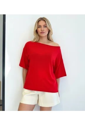 Kayık Yaka Oversize Kırmızı Bluz