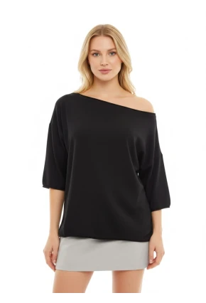 Kayık Yaka Oversize Siyah Bluz
