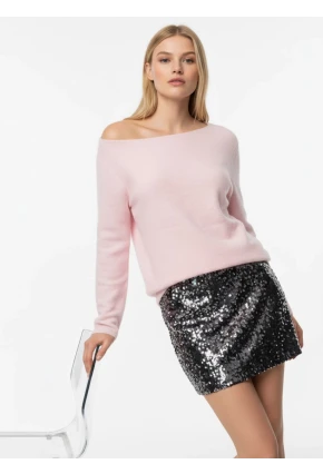 Kayık Yaka Simli Triko Kazak