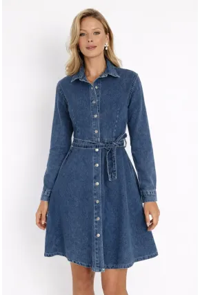 Kemer Detaylı Düğmeli Jean Gömlek Elbise