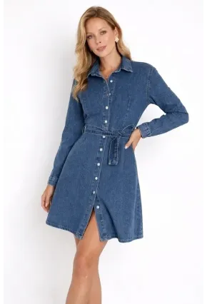 Kemer Detaylı Düğmeli Jean Gömlek Elbise