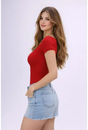 Kırmızı Sandy Kumaş Kare Yaka Kısa Kollu Kadın Bodysuit – Fit & Şık Tasarım