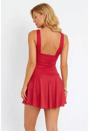 Kırmızı V Yaka Drapeli Çift Kat Dalgıç Kumaş Mini Elbise