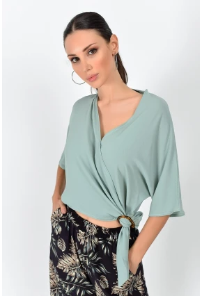 Kobe Kruvaze Yaka Yarasa Kol Bağlamalı Bluz