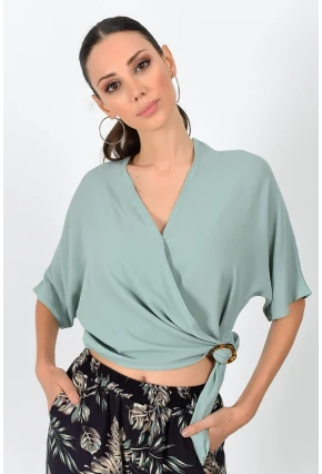 Kobe Kruvaze Yaka Yarasa Kol Bağlamalı Bluz