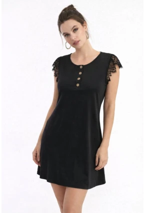 Kolları Güpür Detaylı Viskon Elbise Siyah