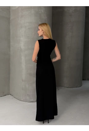 Kolsuz Bisiklet Yaka Yırtmaçlı Uzun Elbise Siyah