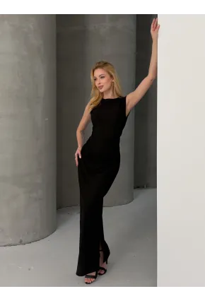 Kolsuz Bisiklet Yaka Yırtmaçlı Uzun Elbise Siyah