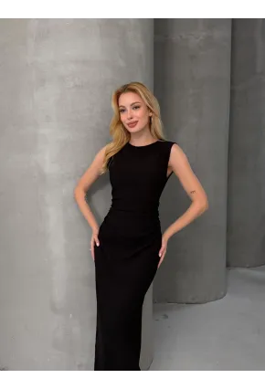 Kolsuz Bisiklet Yaka Yırtmaçlı Uzun Elbise Siyah